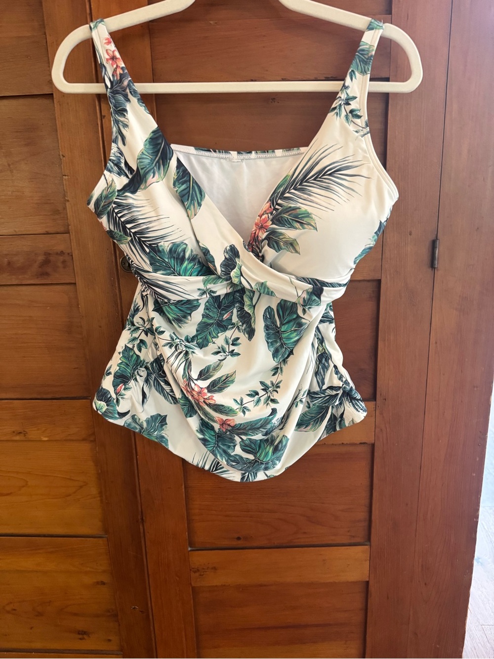 Tropical Palm Leaf Wrap Tankini Swim Top White Green Floral Size
